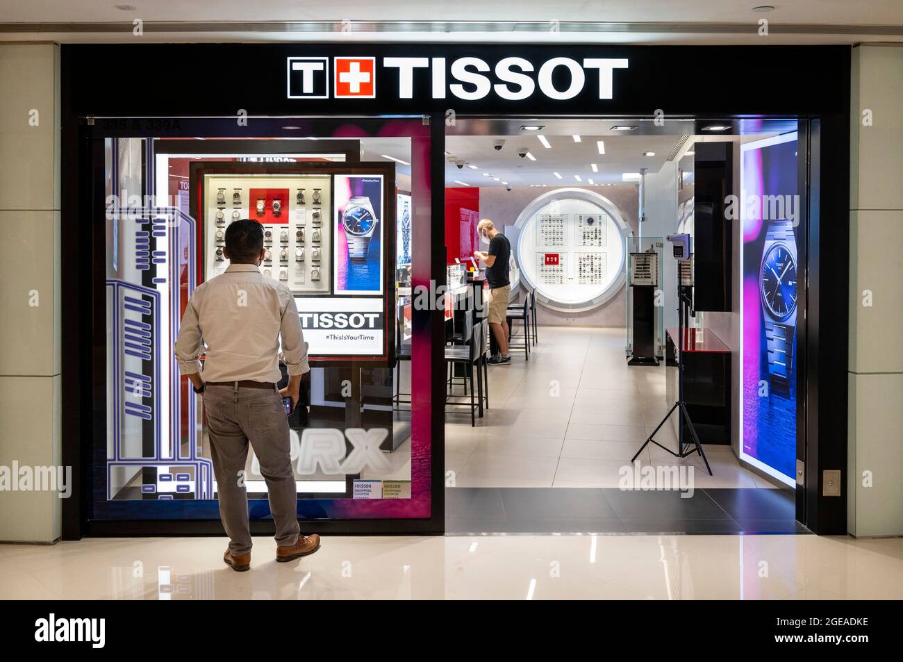 A shopper is seen at the Swiss watchmaker Tissot store in Hong Kong. (Photo by Budrul Chukrut / SOPA Images/Sipa USA) Stock Photo