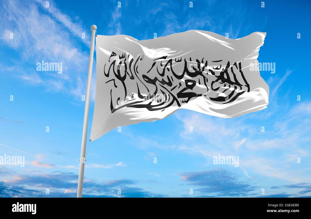 white Taliban flag waving at cloudy sky background on sunset, panoramic view. copy space for wide banner. 3d illustration. Stock Photo