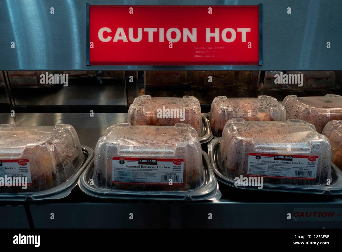 fresh roasted chickens at Costco store in Sunset Park Brooklyn NYC Stock Photo