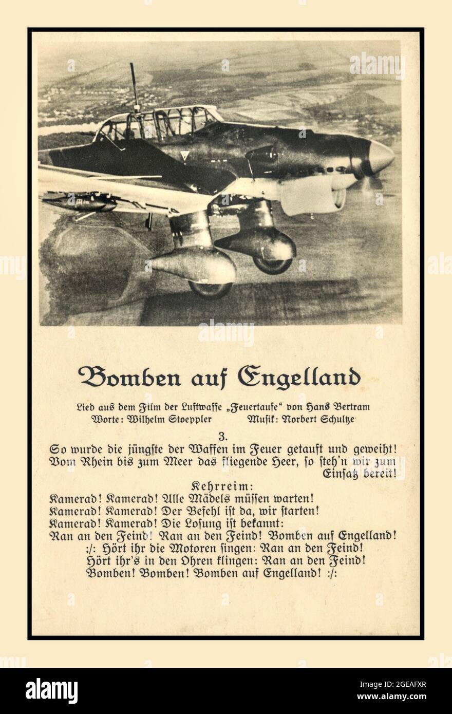 STUKA BOMBER WW2 Nazi anti British English England Propaganda call to arms song lyrics featuring a Nazi Germany Luftwaffe Stuka Dive Bomber Aircraft. Song titled ‘ Bomben auf Engelland’ Second World War World War II Stock Photo