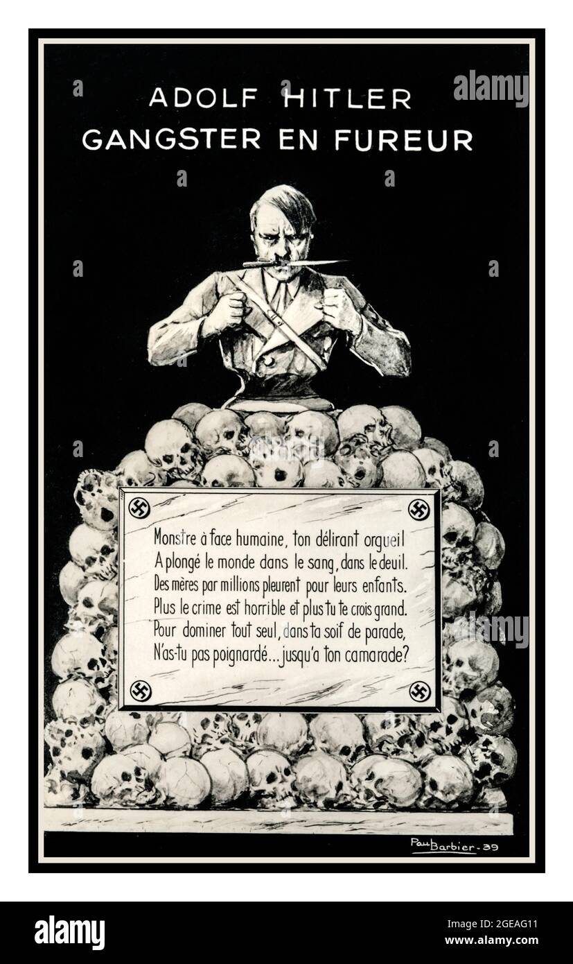 1939 anti Nazi French Propaganda Poster Card. ‘Adolf Hitler Gangster en  Fureur’ A FURIOUS GANGSTER Hitler shown as an angry gangster statue bust, with blood tipped dagger, on top of a pile of human skulls “A monster with a human face”....by Paul Barbier Stock Photo