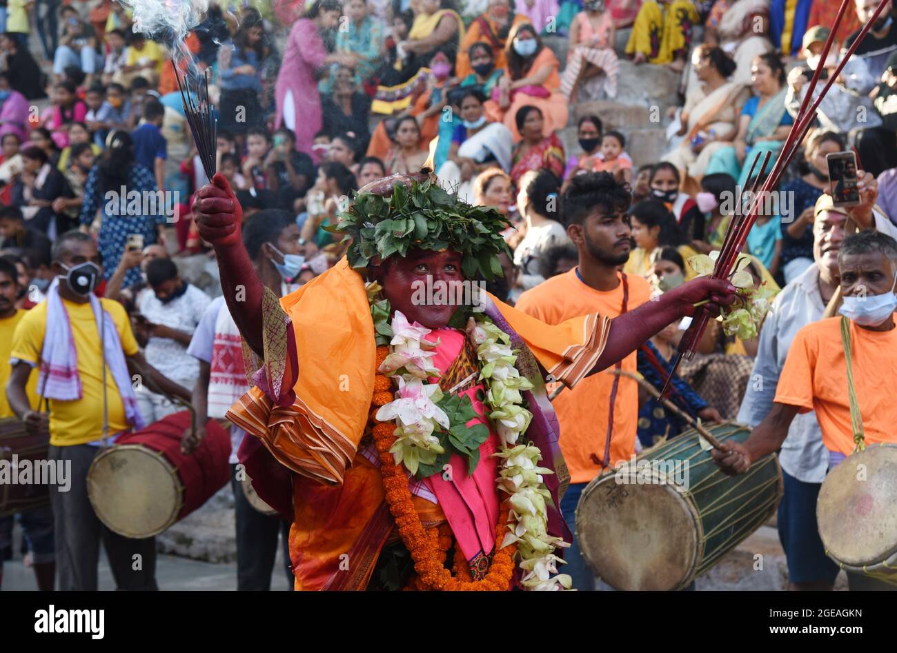 Guwahati, Guwahati, India. 18th Aug, 2021. Deodhani dancer perform