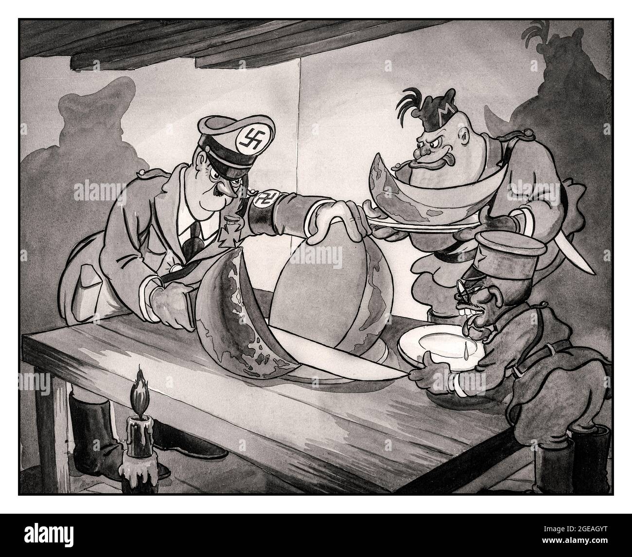 Propaganda Axis WW2 Cartoon of Hitler Mussolini and Hirohito 'To another Asia and The Pacific Ocean dividing slicing up the world, titled : 'The Fruits of Aggression' The WW2 Axis leaders were Adolf Hitler of Germany, Benito Mussolini of Italy, and Hirohito of Japan the political leaders of the three main Axis powers in 1938 and in World War II Stock Photo
