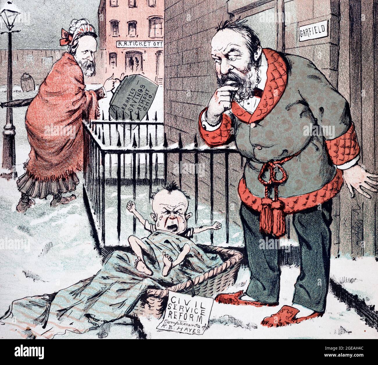 Left - Illustration shows President-elect James A. Garfield standing on the steps to his home, in the snow, looking at a screaming baby in a basket labeled 'Civil Service Reform, Compliments of R.B. Hayes. Rutherford B. Hayes, dressed as a woman, is seen leaving with a bag labeled R.B. Hayes - Savings, Fremont, Ohio Stock Photo