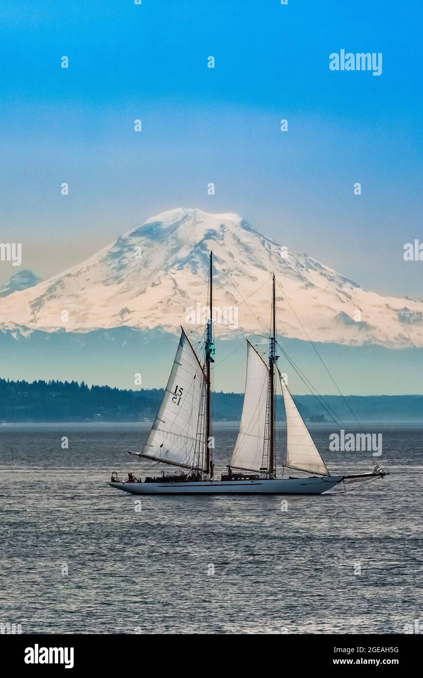 Schooner Adventuress sailing on Elliot Bay of Puget Sound near Seattle