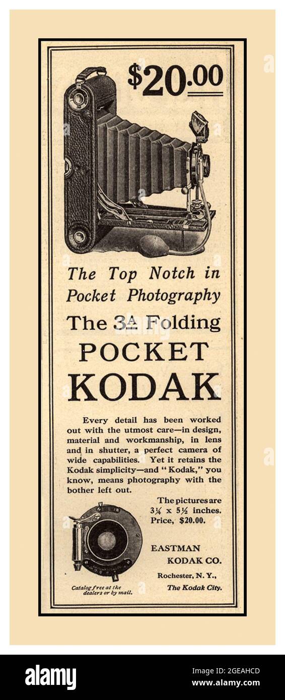 Vintage Kodak Camera Press advertisement for No. 3A Folding Pocket Kodak camera for making exposures in 3¼×5½ inch postcard format on type No. 122 rollfilm. It was introduced by Kodak in 1903 and manufactured until 1915. Priced at $20.00. 'If it isn't an Eastman It isn't a Kodak' Stock Photo