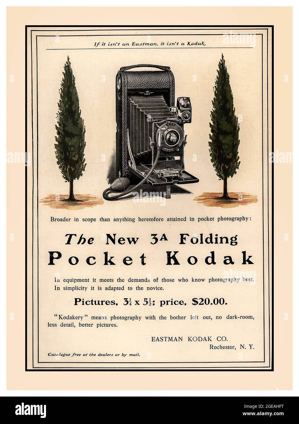 Vintage Kodak Camera Press advertisement for No. 3A Folding Pocket Kodak camera for making exposures in 3¼×5½ inch postcard format on type No. 122 rollfilm. It was introduced by Kodak in 1903 and manufactured until 1915. Priced at $20.00. 'If it isn't an Eastman It isn't a Kodak' Stock Photo