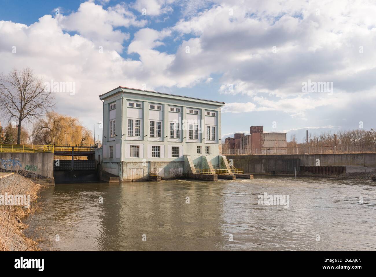 Historic hydroelectric power plant, on the Bóbr River, in the city of Zagan in Poland. Stock Photo