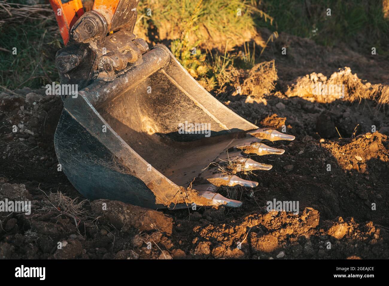 Detail of the shovel on a backhoe excavator on a construction site