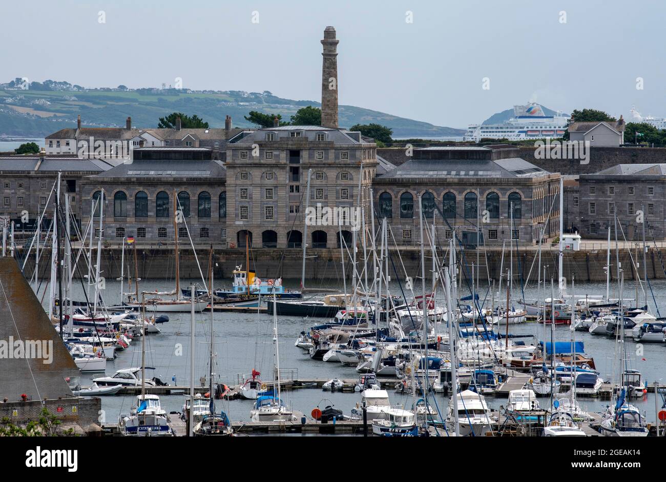 Plymouth, Devon, England, UK. 2021. The Royal William Yard a Grade 1 listed site formerly Royal Navy victualling bulidings seen from Mount Wise park, Stock Photo