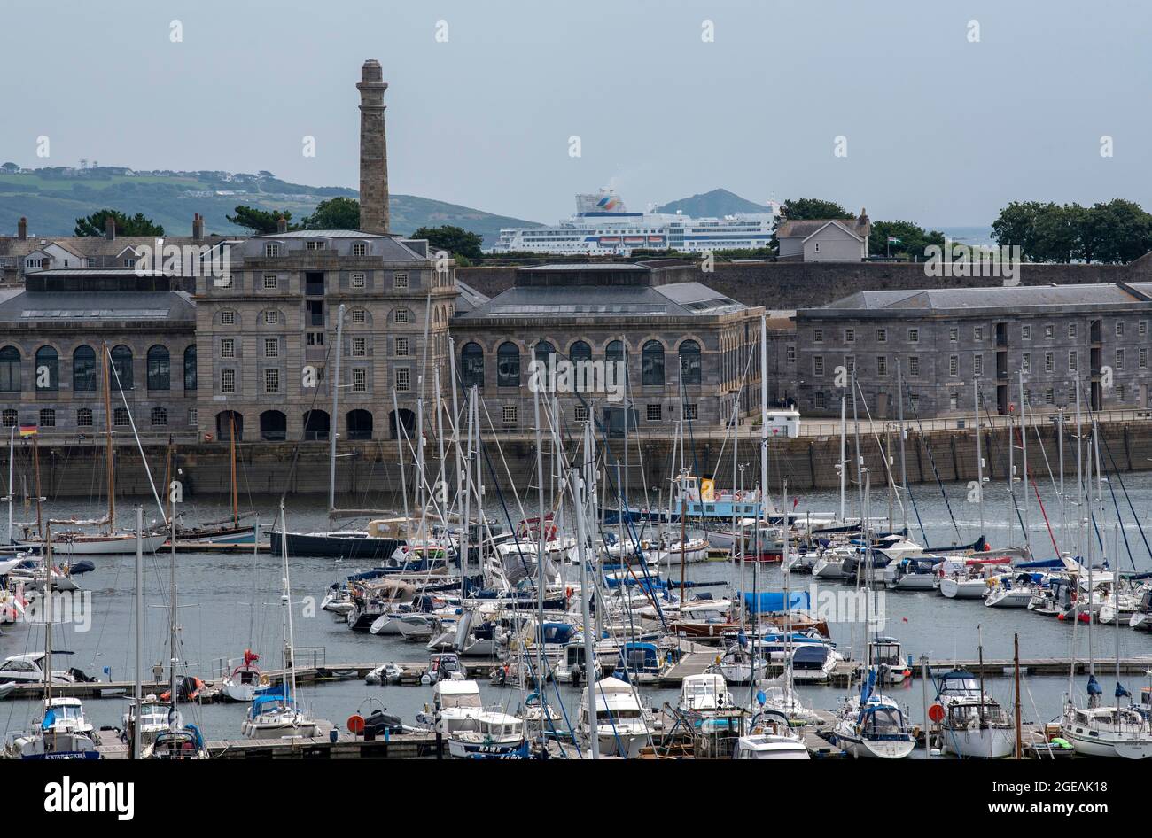 Plymouth, Devon, England, UK. 2021. The Royal William Yard a Grade 1 listed site formerly Royal Navy victualling bulidings seen from Mount Wise park, Stock Photo
