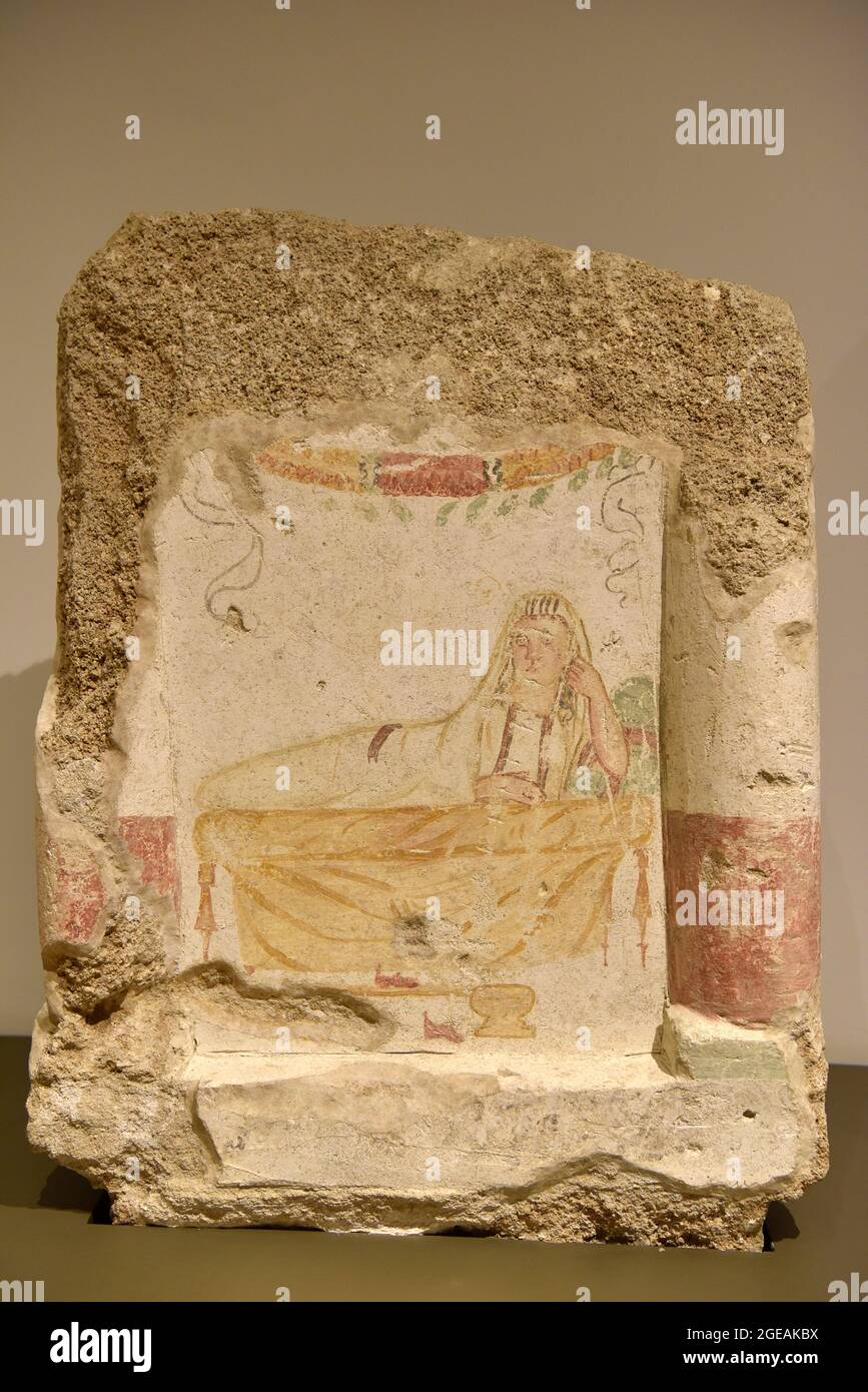 Roman era (64BCE-CE395) limestone funerary stela with Greek epitaph of Robia from Sidon (Saida) in National Museum, Beirut, Lebanon Stock Photo
