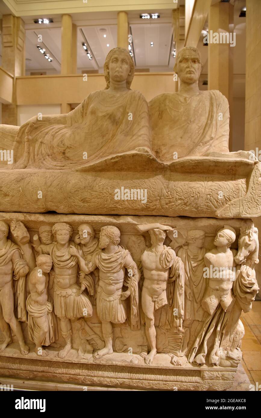 Section of marble sarcophagus from Tyre (Sour) depicting the legend of Achilles (c2nd century CE) in the National Museum, Beirut, Lebanon Stock Photo
