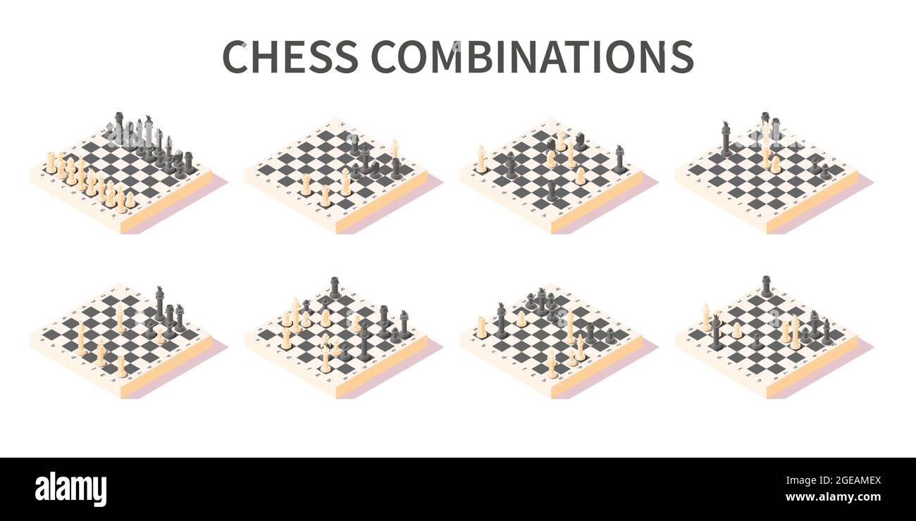 Various combinations of pieces on chess board isometric 3d set on white