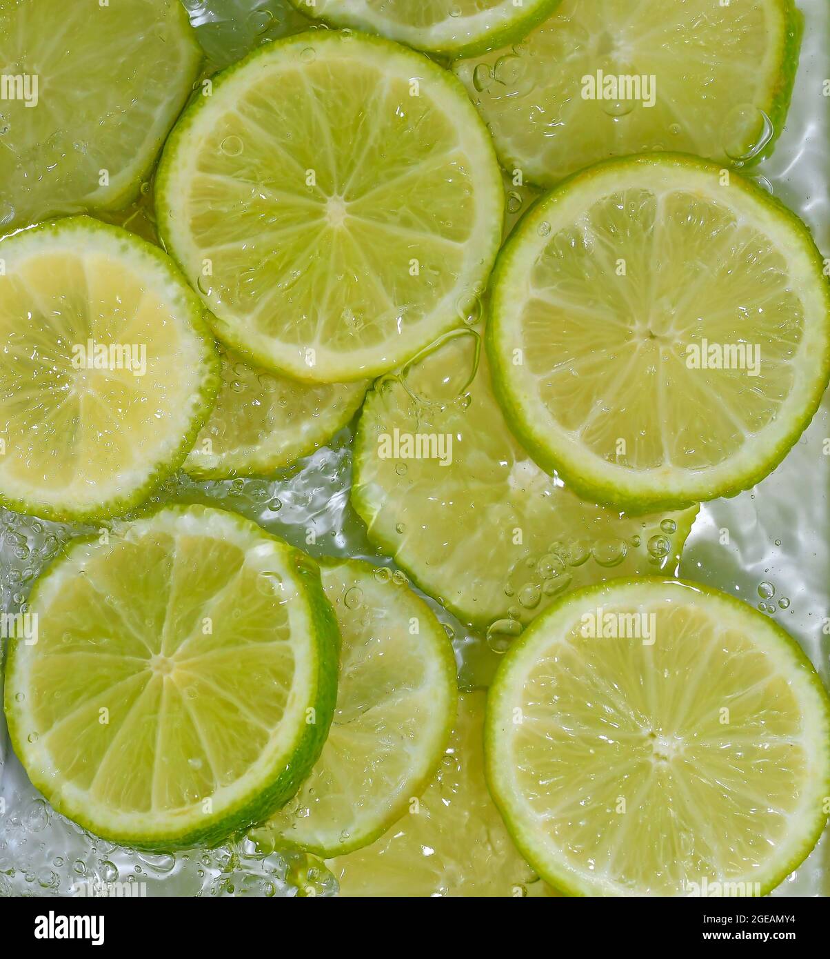 Close-up fresh slices of green limes on white background. Slices of limes in sparkling water on white background, closeup. Citrus soda Stock Photo