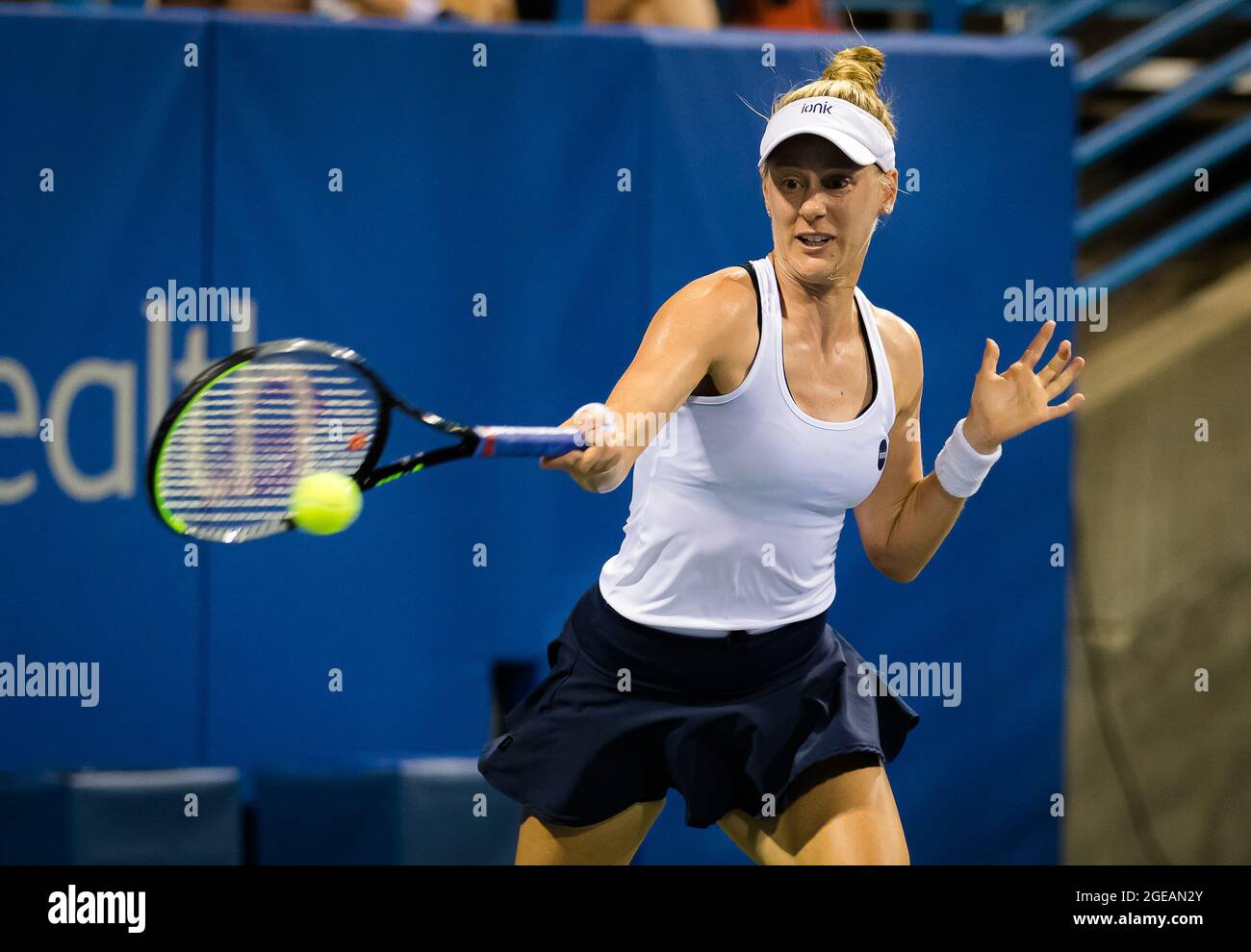 Alison Riske of the United States in action during the first round of the  2021 Western & Southern Open WTA 1000 tennis tournament against Leylah  Fernandez of Canada on August 16, 2021