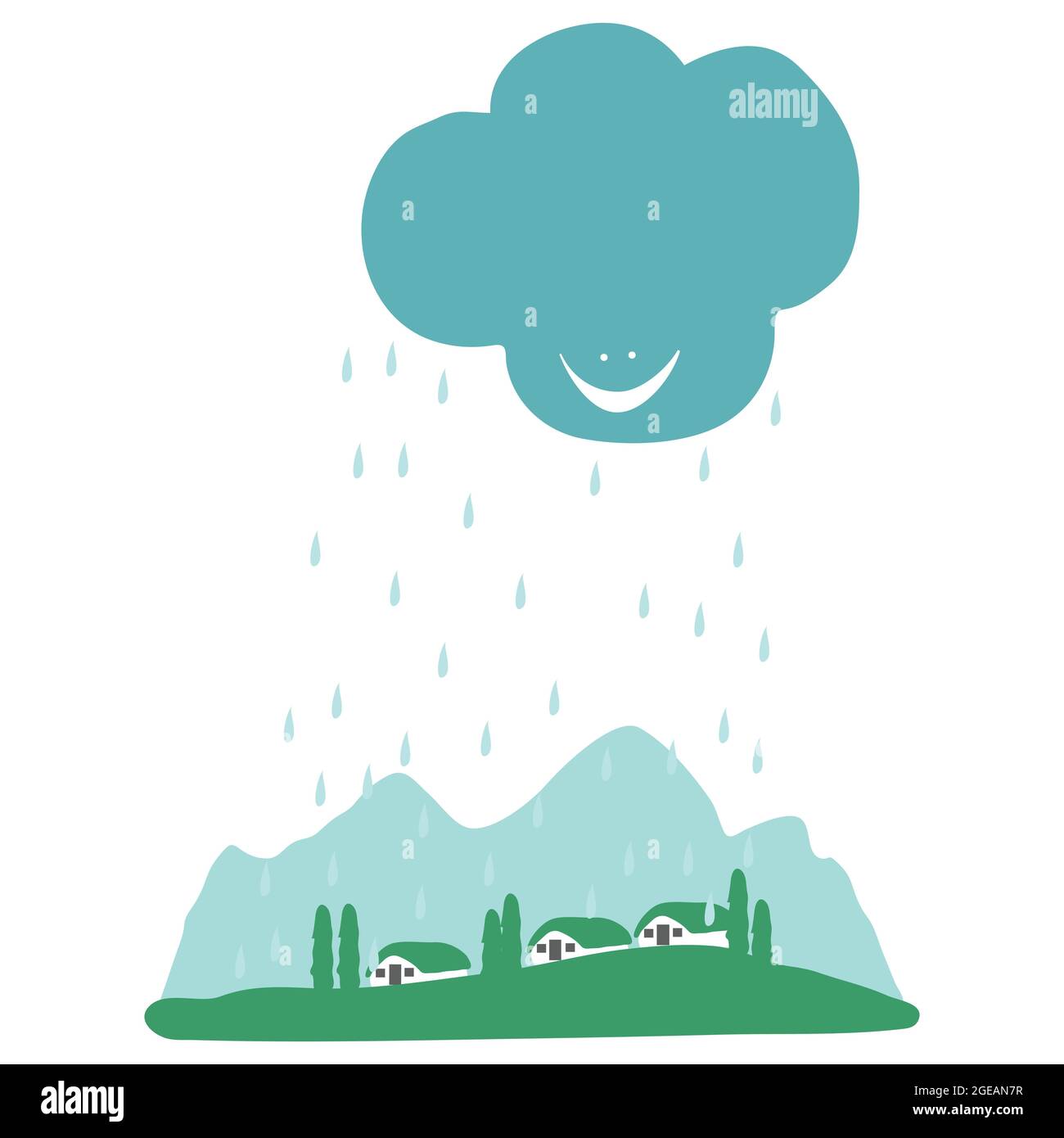 Rain on my beautiful Hill village Illustration. Stock Vector