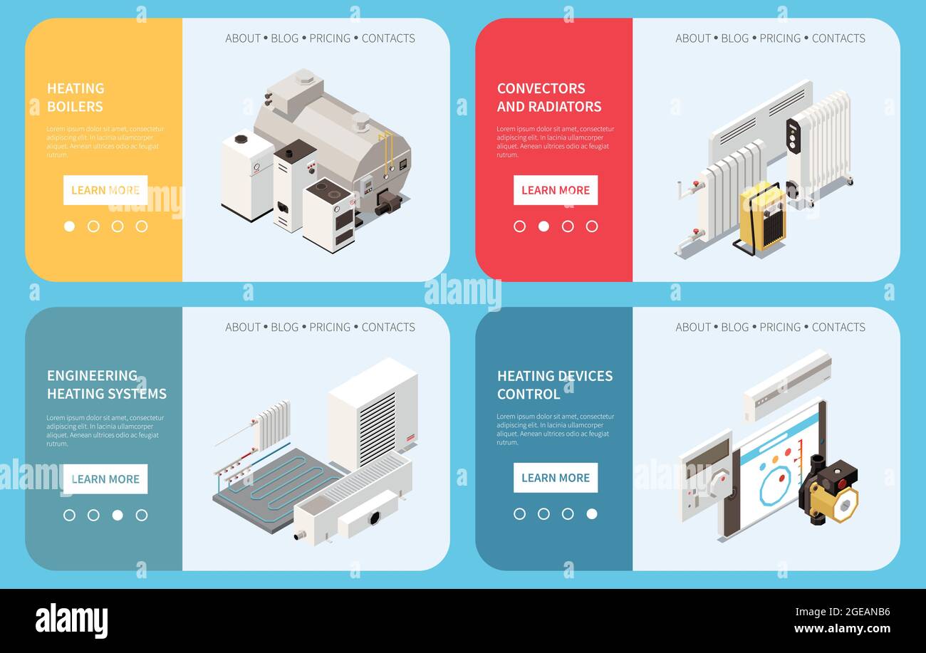 Horizontal banners set with isometric boiler radiator convector and ...