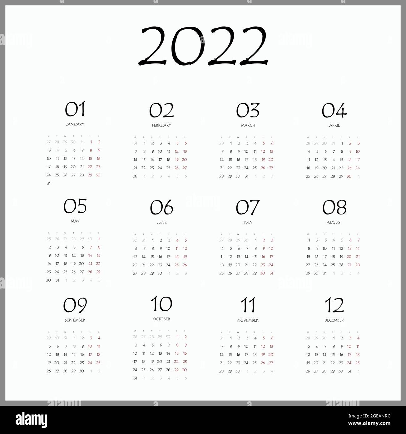 2022 Calendar To Print 2022 Calendar Planner. Corporate Week. Template Layout, 12 Months Yearly,  Color Background. Simple Design For Business Brochure, Flyer, Print Media  Stock Vector Image & Art - Alamy