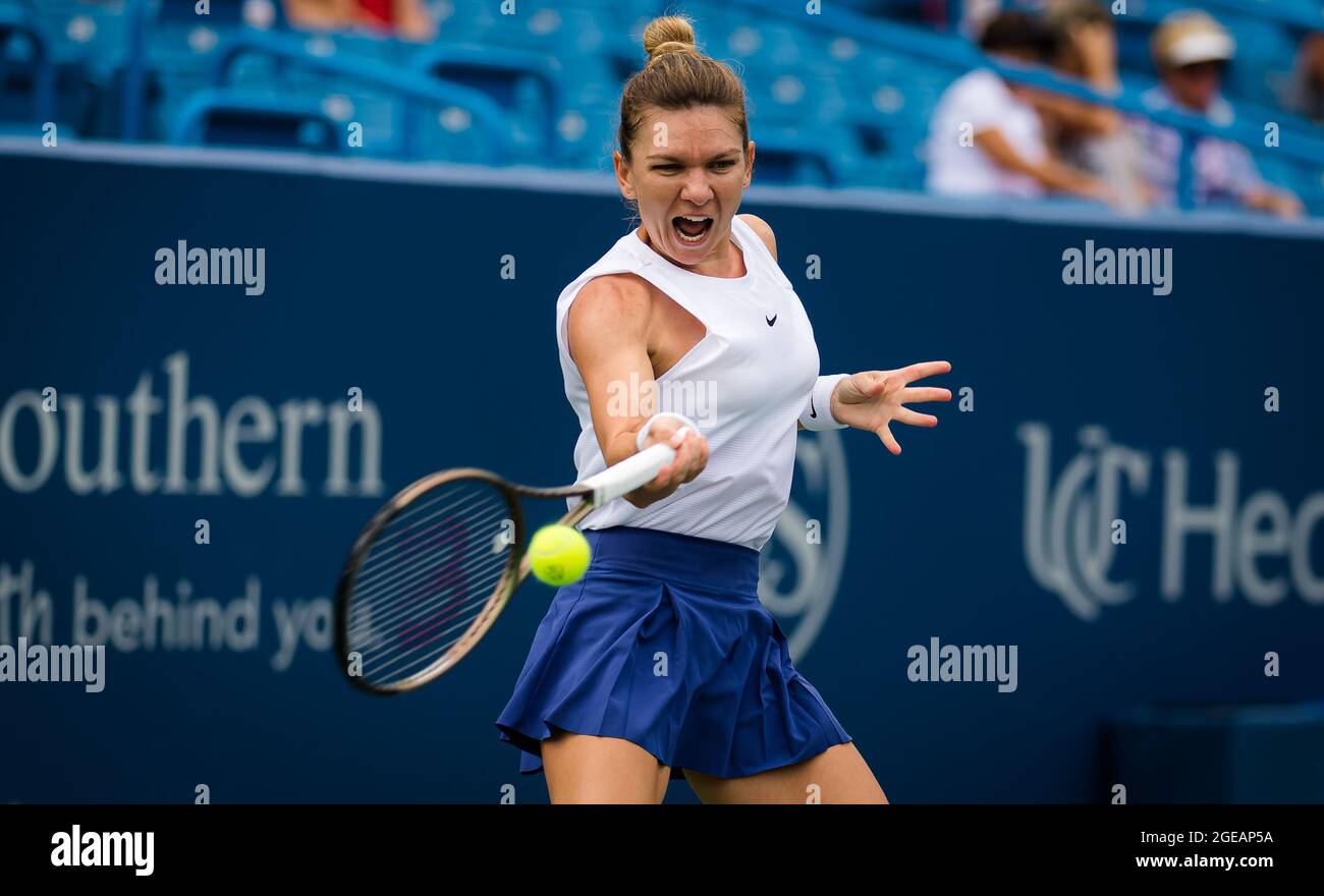Simona Halep of Romania in action during the first round of the 2021  Western & Southern Open WTA 1000 tennis tournament against Magda Linette of  Poland on August 17, 2021 at Lindner