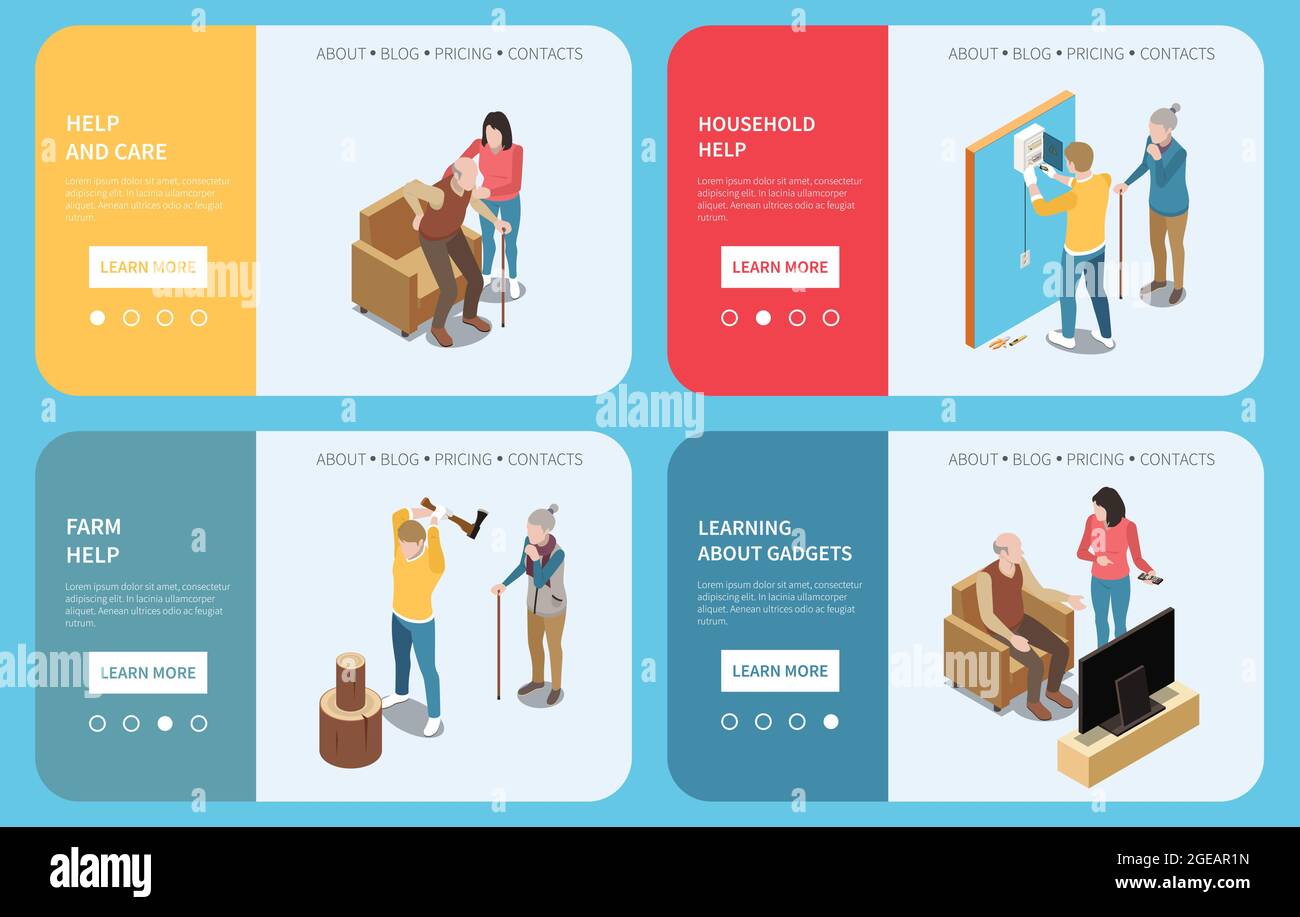 Elderly people professional social help service isometric set of four horizontal banners with buttons and text vector illustration Stock Vector