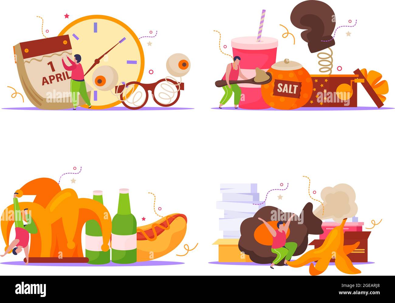 All fools day flat set of isolated compositions with icons of various ...