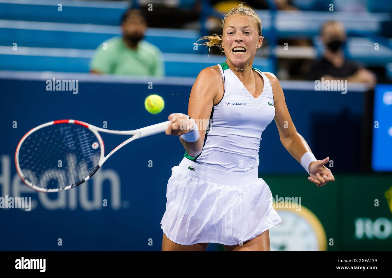 Anett Kontaveit of Estonia in action during the first round of the 2021  Western & Southern Open WTA 1000 tennis tournament against Ons Jabeur of  Tunisia on August 17, 2021 at Lindner