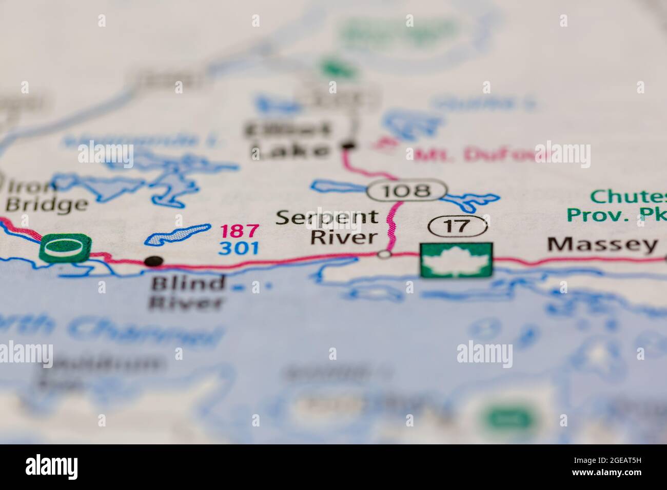 Serpent River Ontario Canada shown on a road map or Geography map Stock