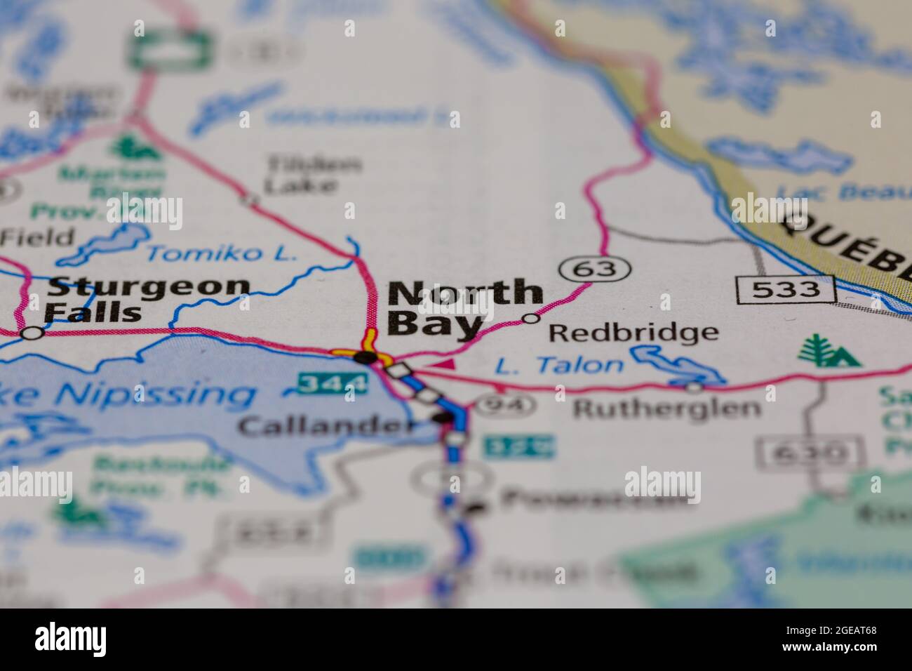 North Bay Ontario Canada shown on a road map or Geography map Stock