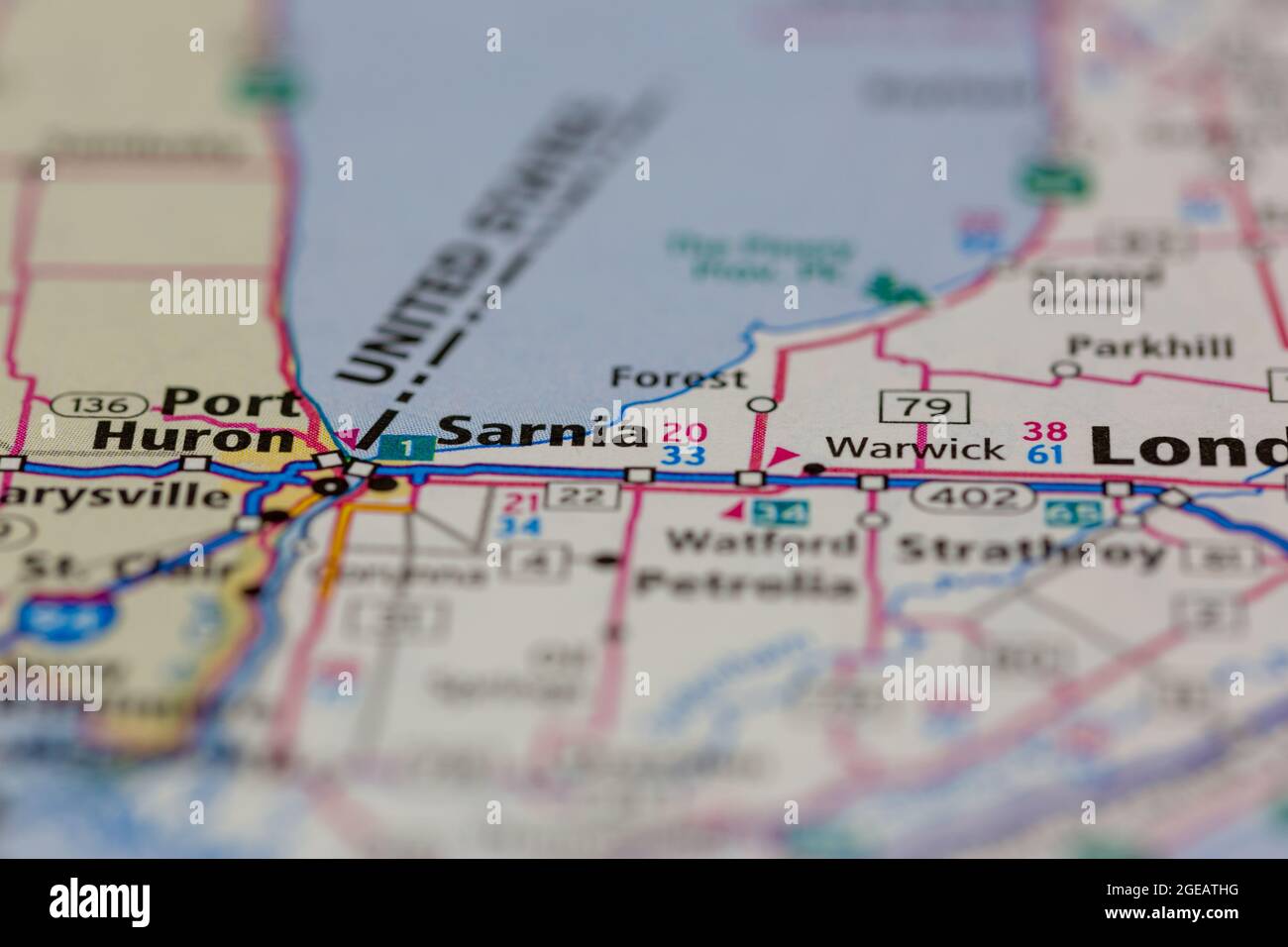 Sarnia Ontario Canada shown on a road map or Geography map Stock Photo