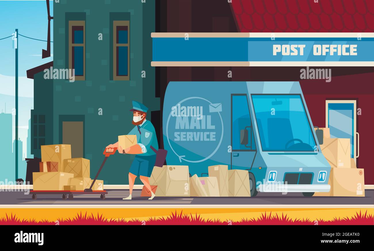 Mail service vehicle in front of post office entrance postman pulling cart  with parcels cartoon vector illustration Stock Vector Image & Art - Alamy