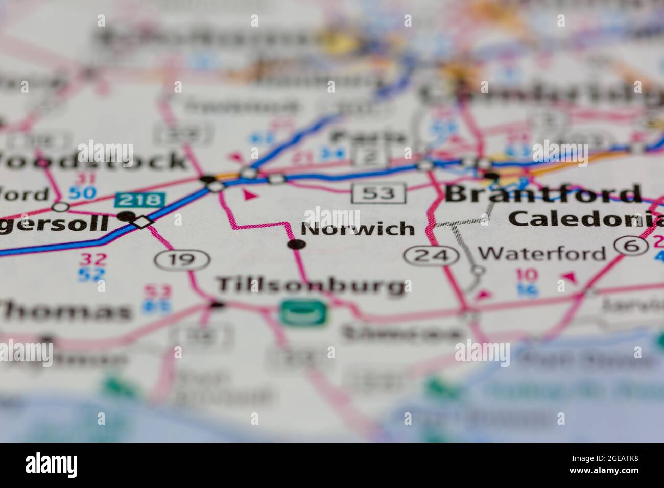 Norwich Ontario Canada shown on a road map or Geography map Stock Photo