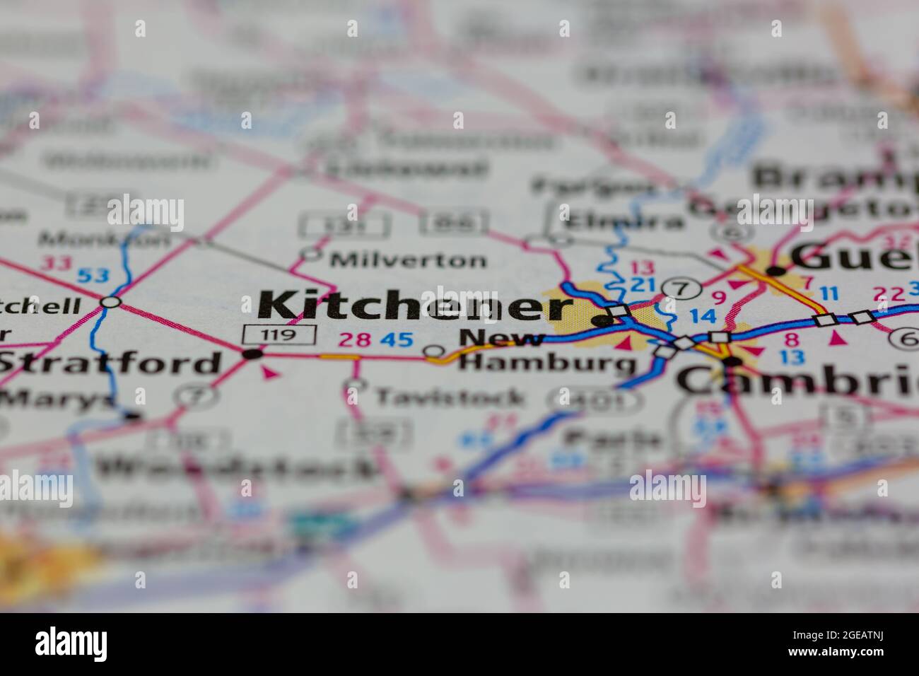 Kitchener Ontario Canada shown on a road map or Geography map Stock Photo