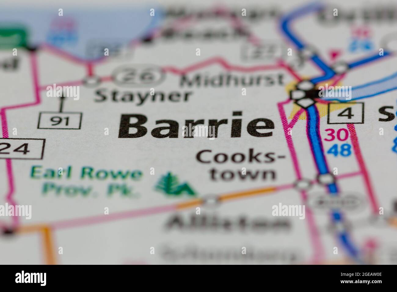 Barrie Ontario Canada shown on a road map or Geography map Stock Photo