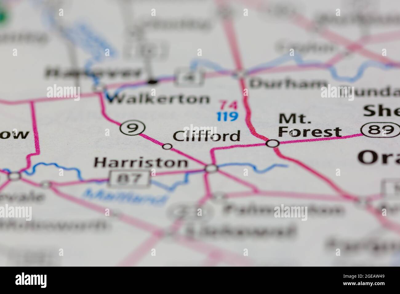 Clifford Ontario Canada shown on a road map or Geography map Stock