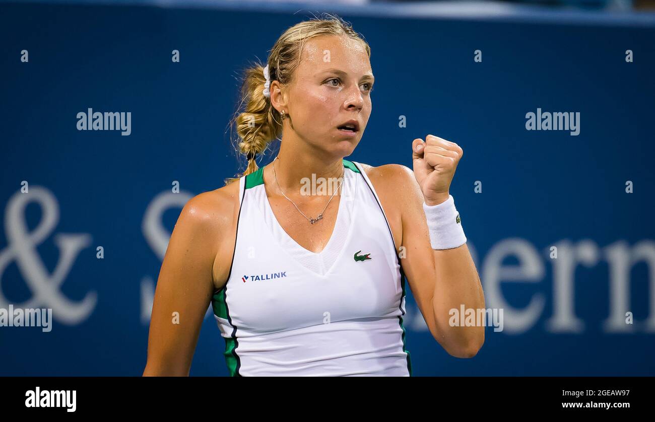 Anett Kontaveit of Estonia in action during the first round of the 2021 Western and Southern Open WTA 1000 tennis tournament against Ons Jabeur of Tunisia on August 17, 2021 at Lindner
