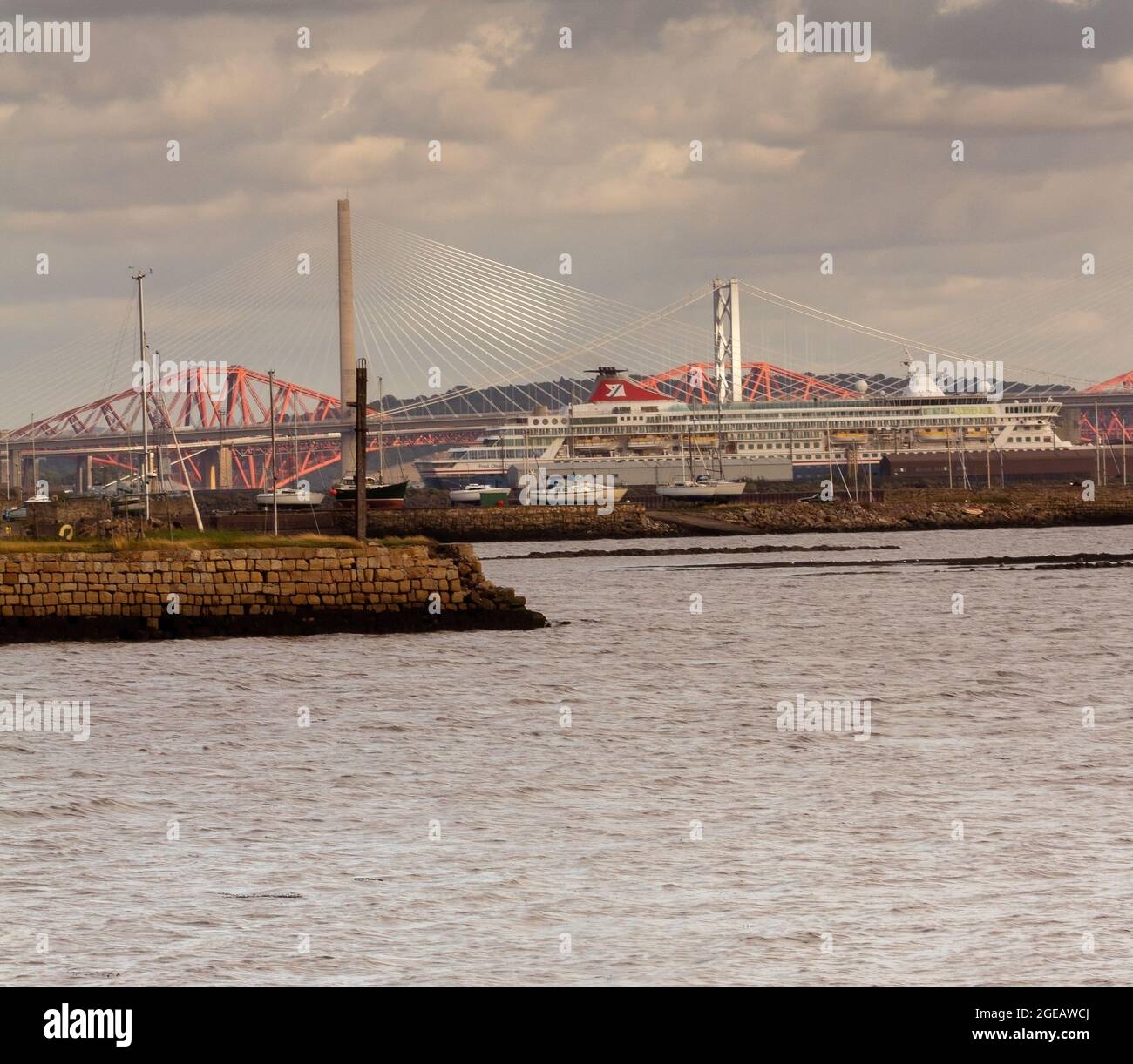 Views from Limekilns in Fife, Scotland of the Forth Bridges and Cruise