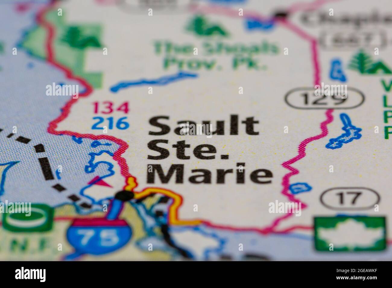 Sault ste. Marie Ontario Canada shown on a road map or Geography map Stock Photo