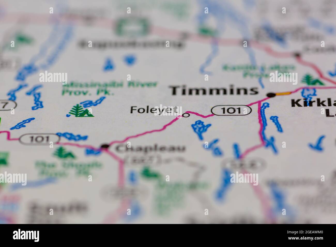 Foleyet Ontario Canada shown on a road map or Geography map Stock Photo