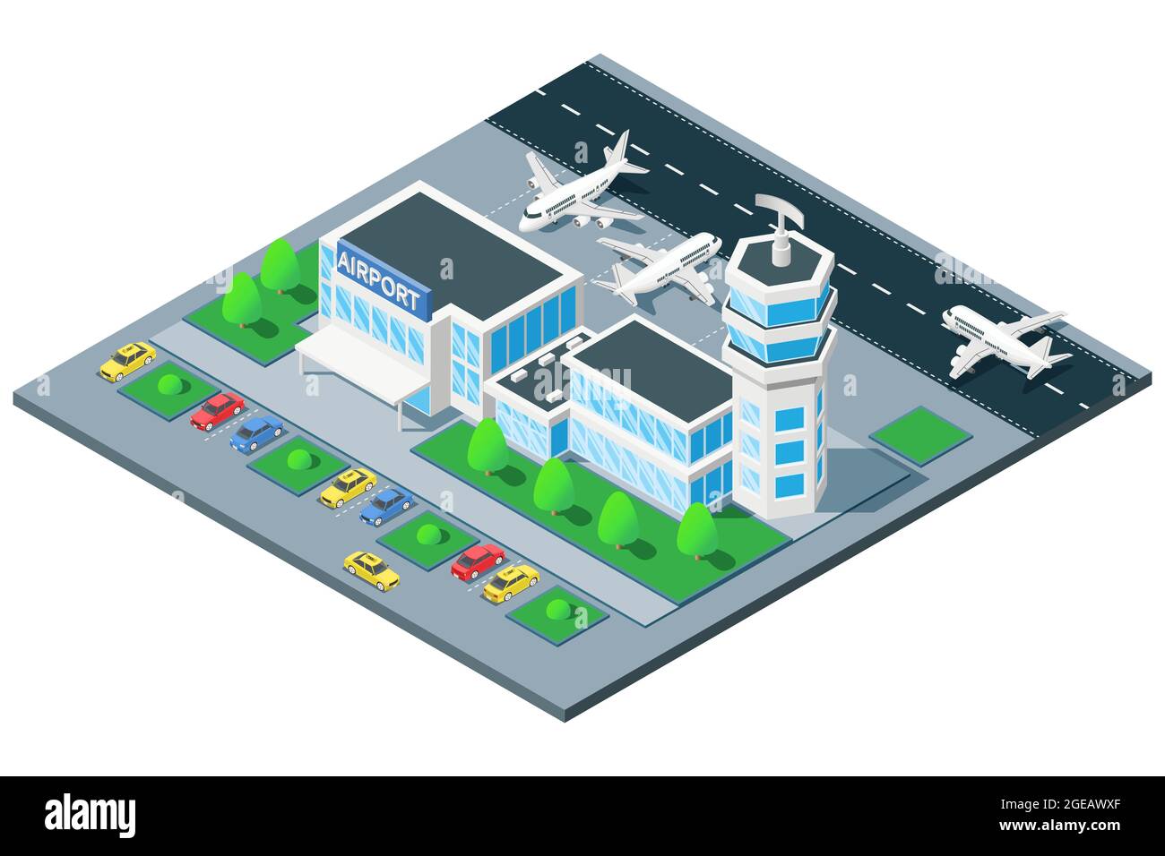 Airport terminal birds eye view isometric composition with traffic control tower airplane takeoff on runway vector illustration Stock Vector
