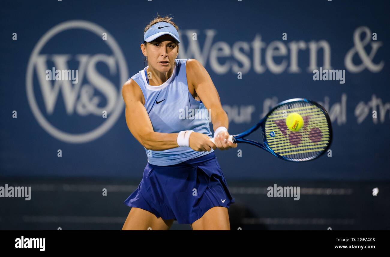 Belinda Bencic of Switzerland in action during the first round of the 2021  Western & Southern Open WTA 1000 tennis tournament against Marketa  Vondrousova of the Czech Republic on August 17, 2021