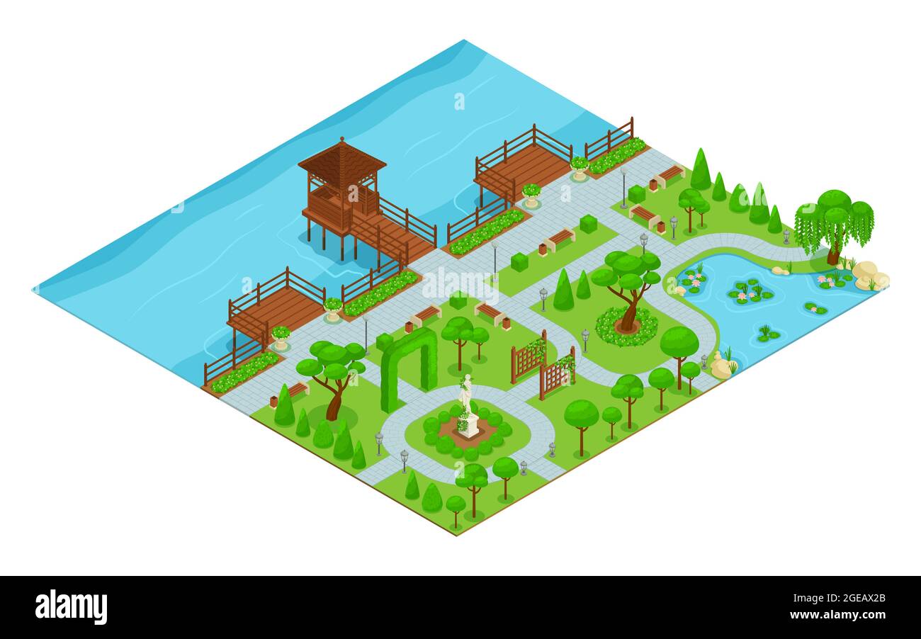 Isometric landscape design park composition park with walking paths by ...