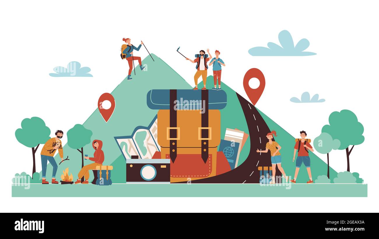 Self guided camping travel cartoon composition with online map location symbols tourists hiking climbing mountains vector illustration Stock Vector