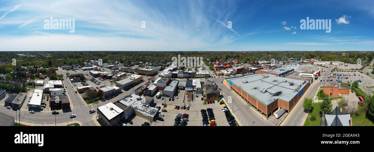 An aerial panorama view of the Tillsonburg, Ontario, Canada city center