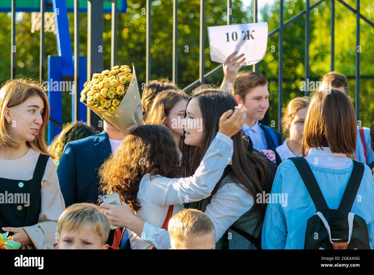 High school students met at the lineup on September 1 at school. Moscow, Russia, September 2, 2019 Stock Photo