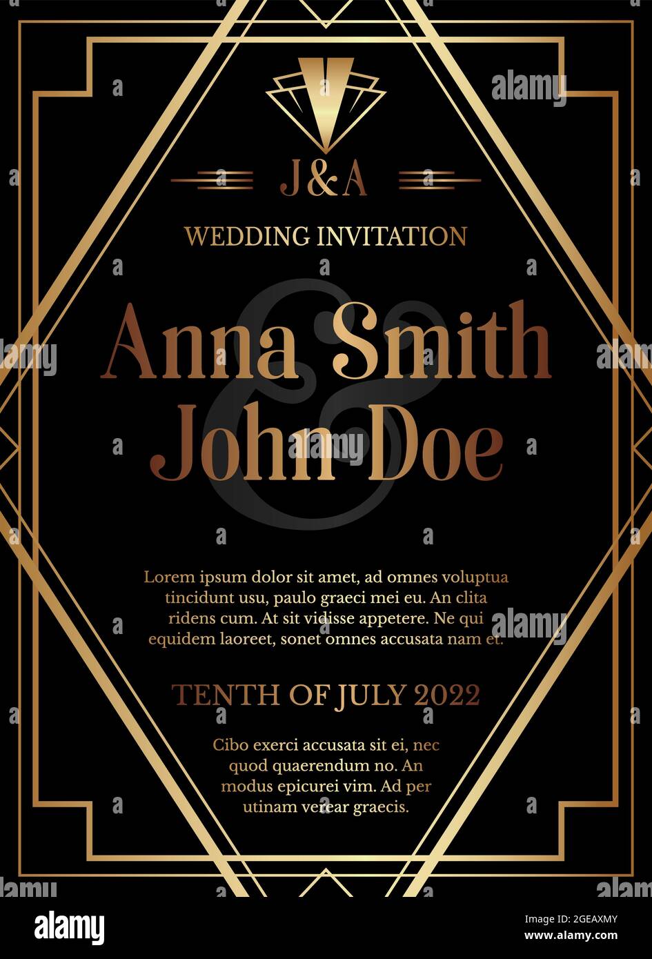Geometric Gatsby Art Deco Style Wedding Invitation Design Stock Vector