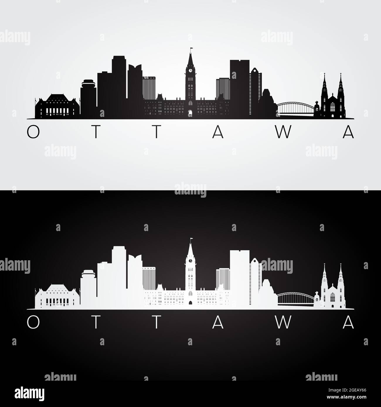Ottawa skyline and landmarks silhouette, black and white design, vector illustration. Stock Vector
