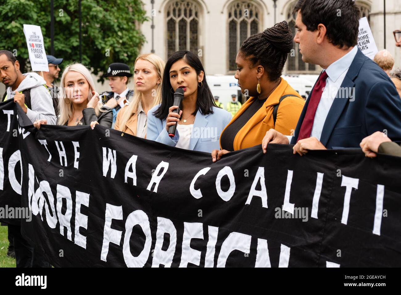 London, UK. 18 August 2021. Stop the war coalition protest outside Parliament against current developments in Afghanistan and government inaction. Stock Photo