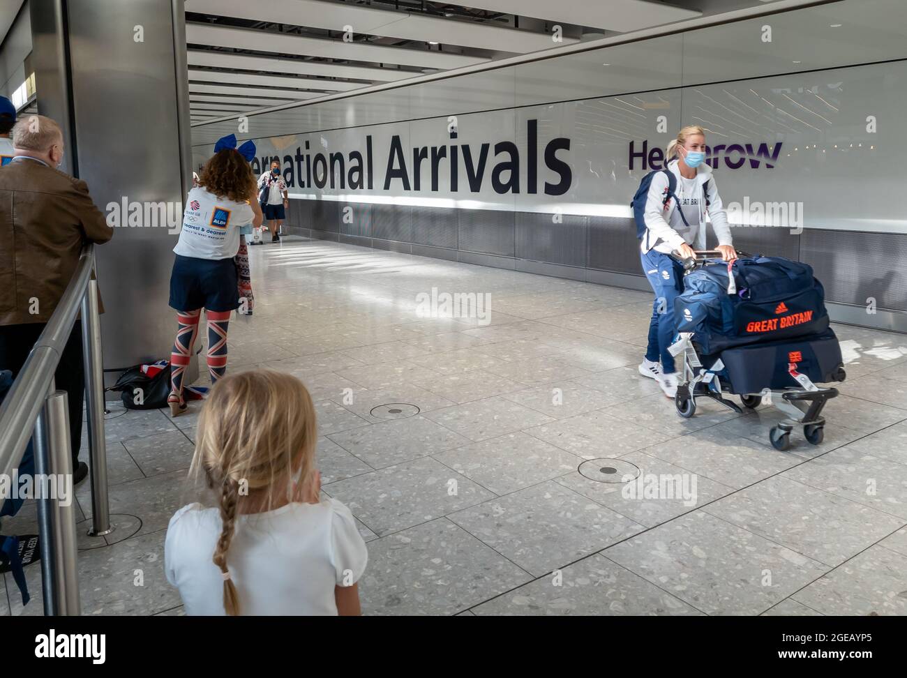 London Heathrow. UK-08.08.2021: the international arriavals hall with members of Team GB returning from the Tokyo 2020 Olympic games Stock Photo