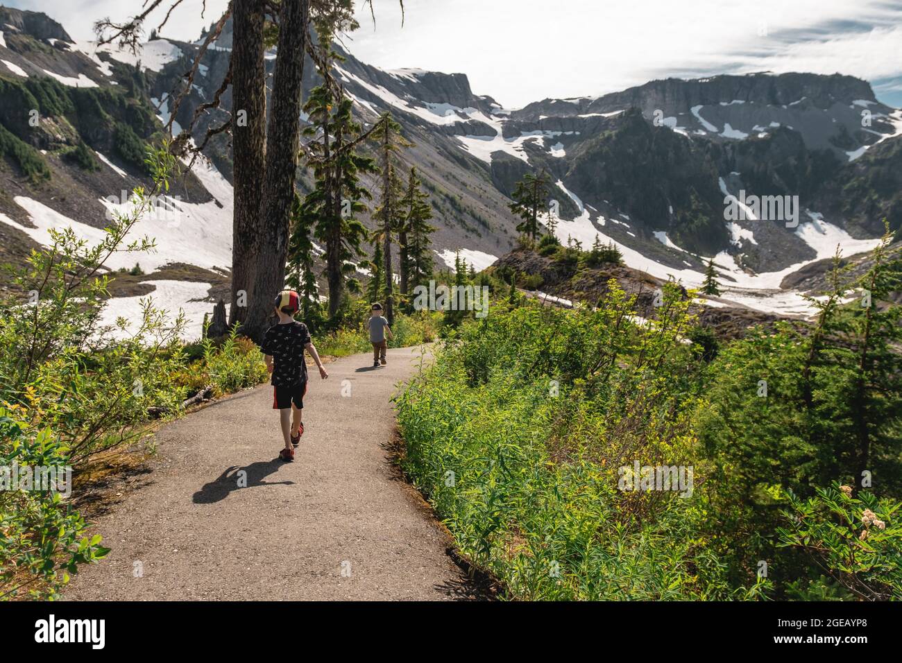 Young boys hiking at Heather Meadows in the Mt. Baker-Snoqualmie National Forest. Stock Photo